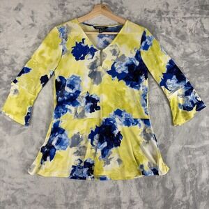 Ellen Tracy Womens Blouse Blue Yellow Abstract Floral Bell Sleeve V Neck Small